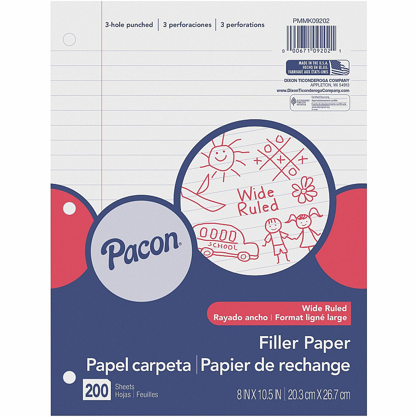 Pacon Wide Ruled Filler Paper 200 Sheets - Wide Ruled Front Ruling - 0.38" Ruled - Red Margin - 3 Hole(s) - 8" x 10 1/2" Sheet Size - White Paper - Smooth, Punched - 200 / Pack (MMK09202)