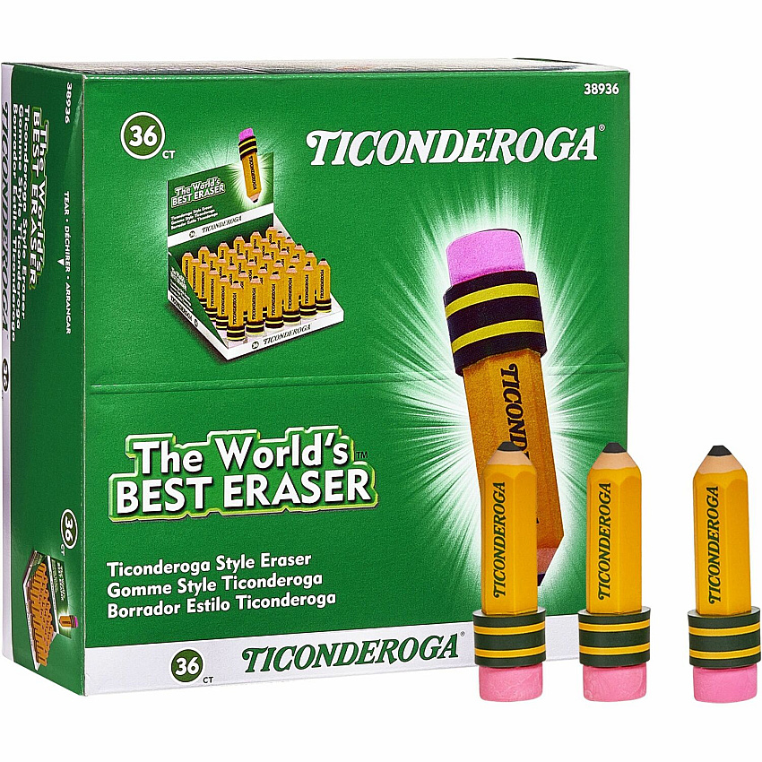 Ticonderoga Pencil-Shaped Erasers Yellow - Pencil - 36 / Box - Latex-free, Smudge-free, Non-toxic (38936)