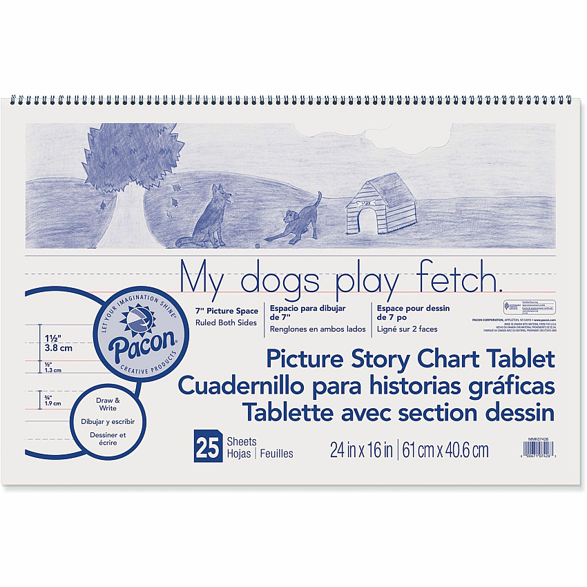 Pacon Ruled Picture Story Chart Tablet 25 Sheets - Spiral Bound - Both Side Ruling Surface - Ruled Front Ruling - 1.50" Ruled - 7" Picture Story Space - 24" x 16" Sheet Size - White Paper - Punched - Recycled - 1 Each (MMK07426)