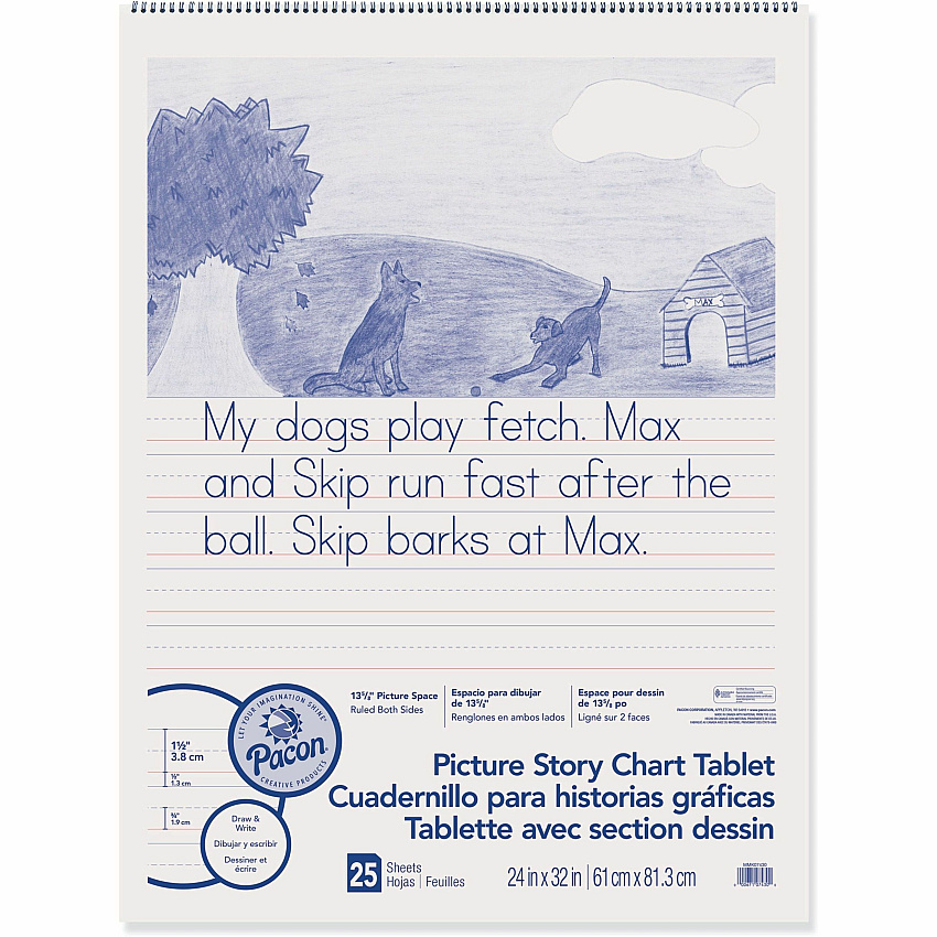 Pacon Ruled Picture Story Chart Tablet 25 Sheets - Spiral Bound - Both Side Ruling Surface - Ruled Front Ruling - 1.50" Ruled - 13.63" Picture Story Space - 24" x 32" Sheet Size - White Paper - Punched - 1 Each (MMK07430)