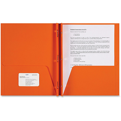 Sparco Letter Pocket Folder 8 1/2" x 11" - 3 x Double Prong Fastener(s) - 2 Internal Pocket(s) - Orange - 25 / Box (78541)