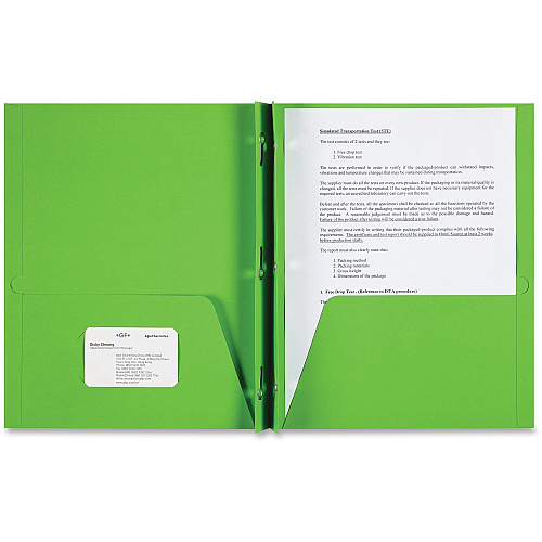 Sparco Letter Pocket Folder 8 1/2" x 11" - 3 x Double Prong Fastener(s) - 2 Internal Pocket(s) - Apple Green - 25 / Box (78542)