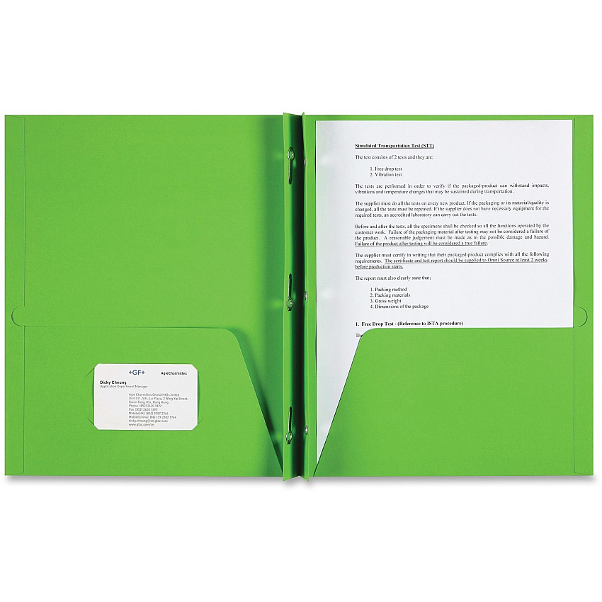 Sparco Letter Pocket Folder 8 1/2" x 11" - 3 x Double Prong Fastener(s) - 2 Internal Pocket(s) - Apple Green - 25 / Box (78542)