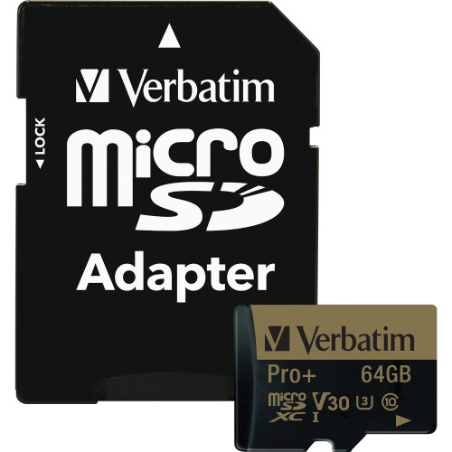 Verbatim 64GB Pro Plus 600X microSDHC Memory Card with Adapter, UHS-I V30 U3 Class 10 (44034)