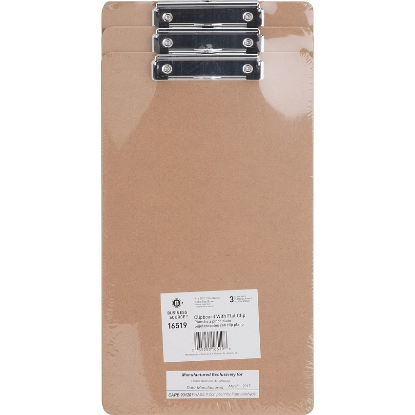 Business Source Legal-size Clipboard 8 1/2" x 14" Sheet Size - Hardboard - Brown - 3 / Pack (BSN16519)