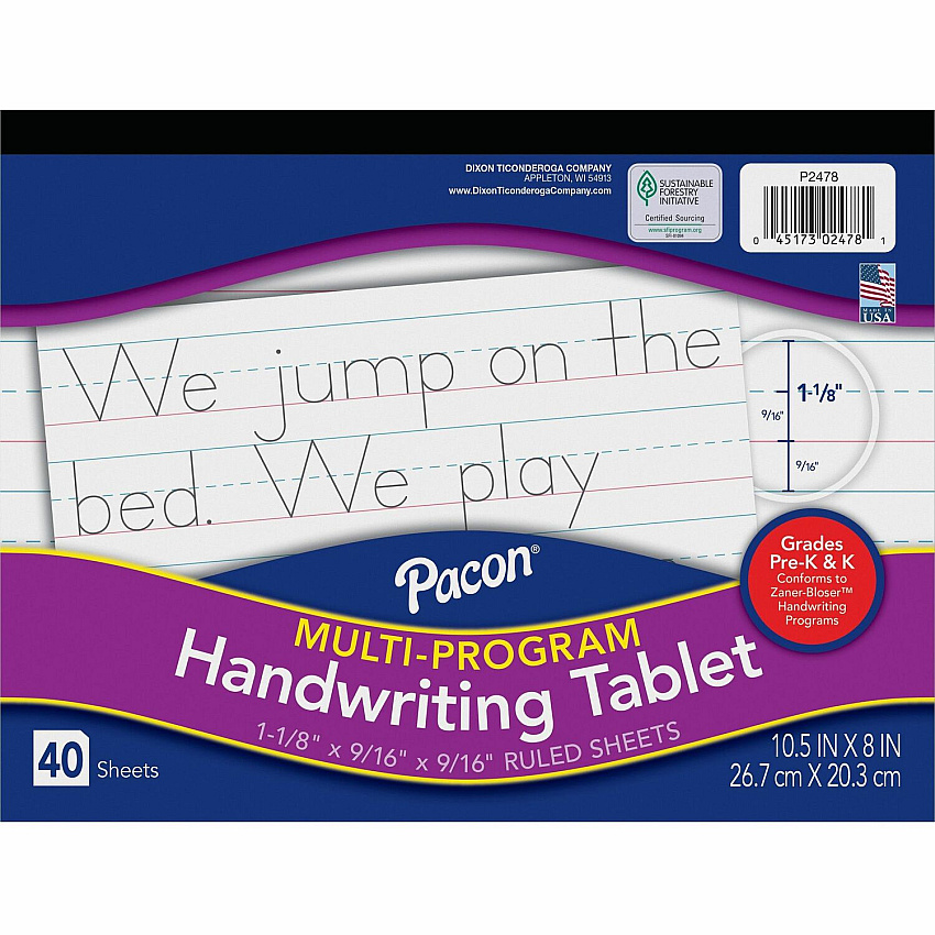 Pacon Multi-Program Handwriting Tablet 40 Sheets - Both Side Ruling Surface - Ruled Front Ruling - 1.13" Ruled - 10 1/2" x 8" Sheet Size - White Paper - Assorted Cover - Chipboard Backing, Recyclable, Film-wrapped - 1 Each (2478)