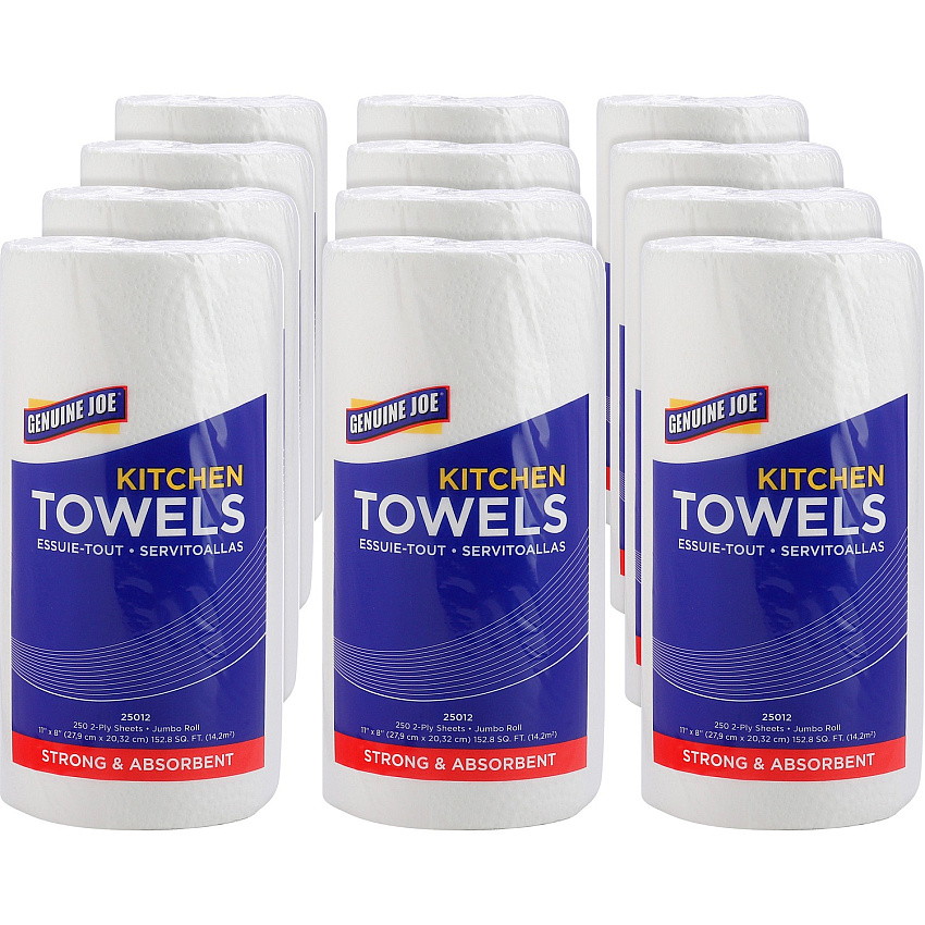 Genuine Joe Paper Towels 2 Ply - 8" Width x 11" Length - 250 Sheets/Roll - 1 5/8" Core - White - Paper - 12 / Carton (GJO25012)