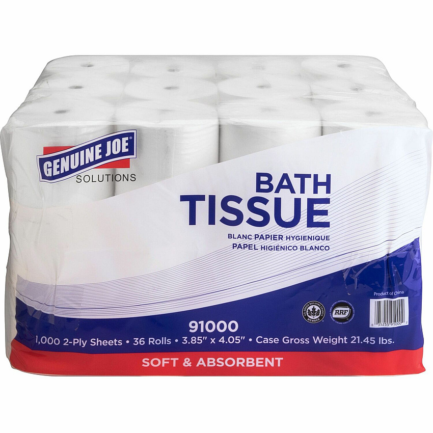 Genuine Joe&reg; Standard Toilet Paper, 2-Ply,, 1,000 Sheets, 36 Rolls 2 Ply - 1000 Sheets/Roll - 45/64" Core - White - Virgin Fiber - 36 / Carton (GJO91000)
