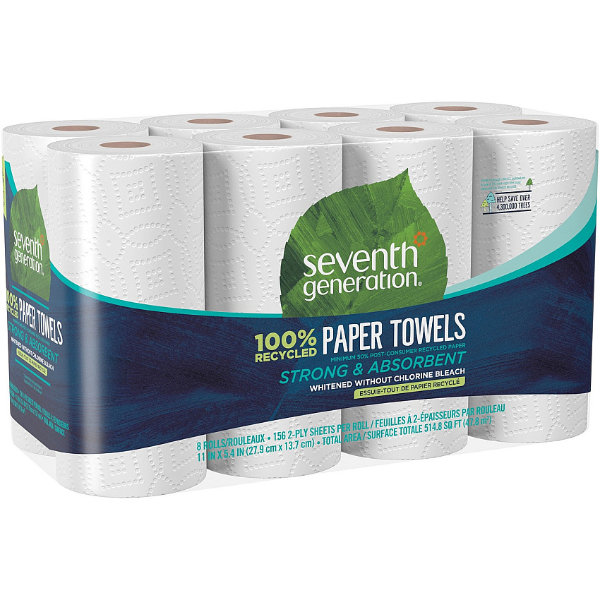 Seventh Generation 100% Recycled Paper Towels 2 Ply - 156 Sheets/Roll - White - Paper - 8 / Pack (13739)