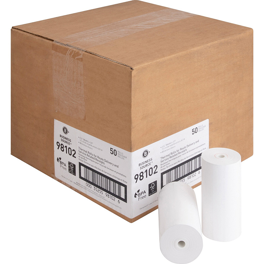 Business Source Portable Printer Receipt Thermal Rolls 4 19/64" x 127 ft - 50 / Carton - White (BSN98102)