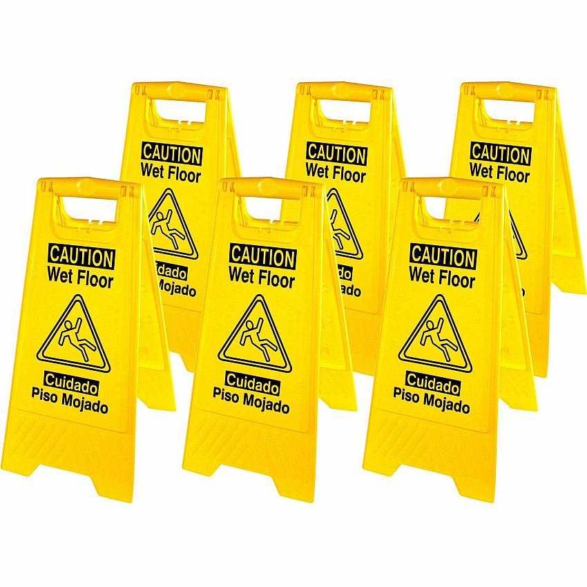 Genuine Joe Universal Graphic Wet Floor Sign English, Spanish - Print/Message "Wet Floor" - Foldable - Yellow - 6 / Carton (GJO85117CT)
