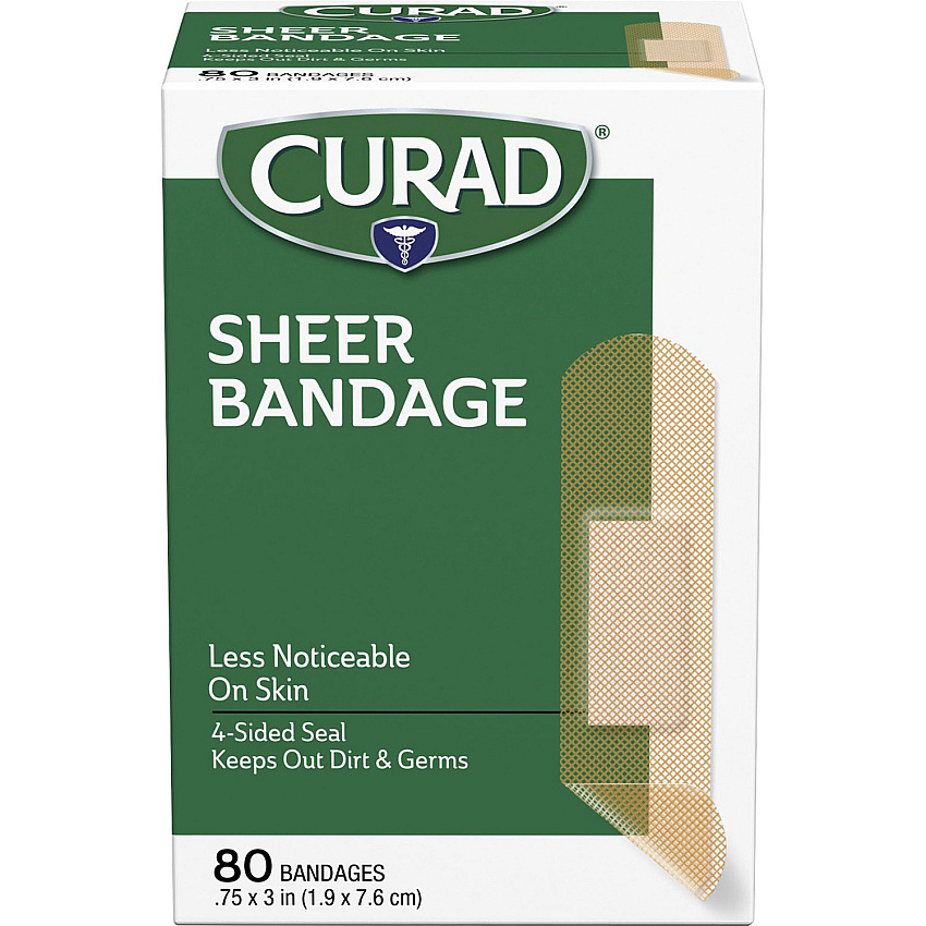 Curad Sheer Bandage Strips 0.75" Width x 3" Length - Sheer, Clear - Fabric - 80 / Box (CUR02279RB)