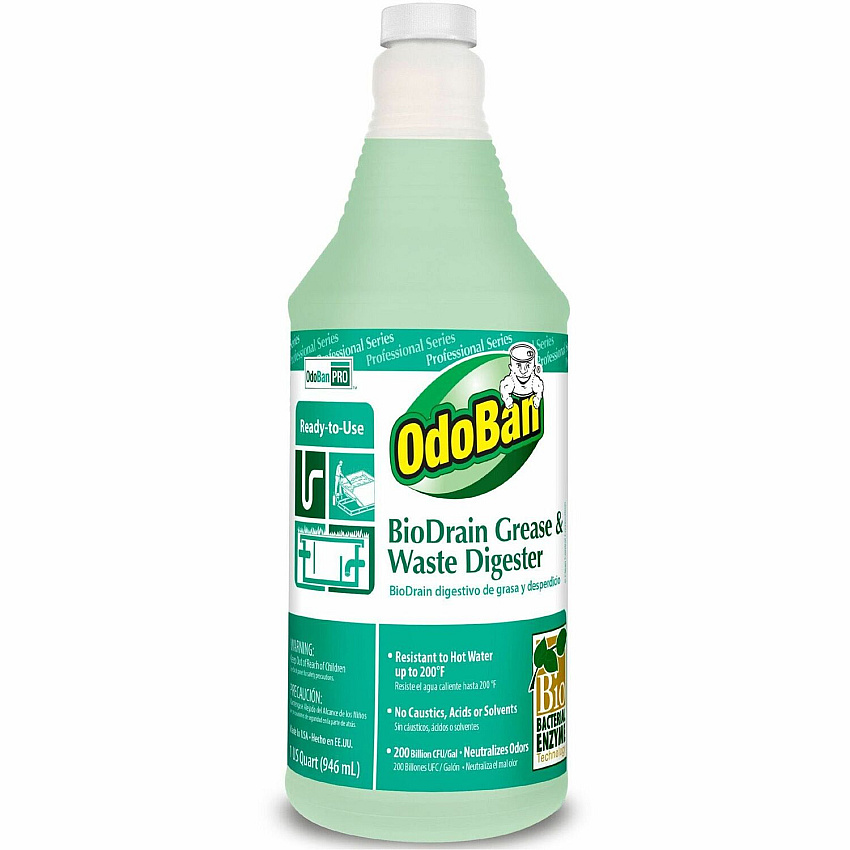 OdoBan BioDrain Grease/Waste Digester Ready-To-Use - 32 fl oz (1 quart) - Disinfectant, Water Resistant, Caustic-free, Solvent-free, Odor Neutralizer, Antibacterial, Bleach Resistant, Sanitizer Resistant, Acid Resistant, Temperature Resistant  (928062Q12)