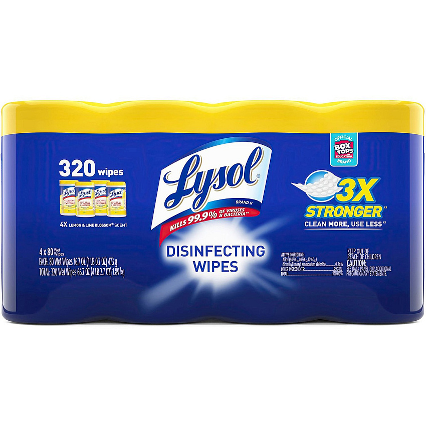 Lysol&reg; Disinfecting Wipes, Lemon Lime, 80 Wipes, 4 Canisters Lemon Lime Scent - Pre-moistened, Antibacterial, Disinfectant - White - 80/Tub - 4 / Pack (90641)