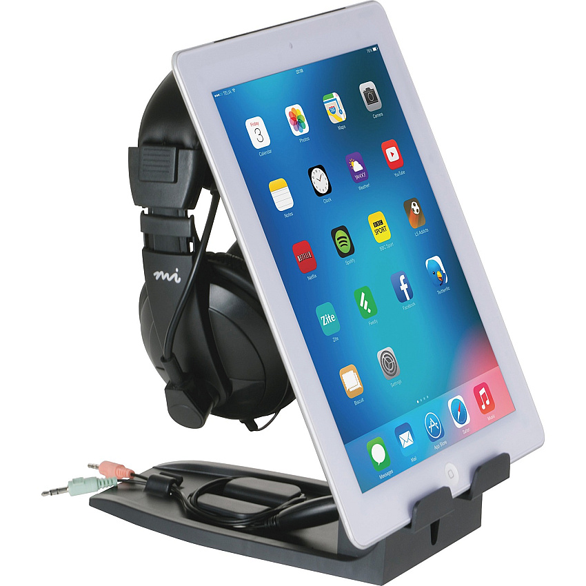Allsop Headset Hangout, Universal Headphone Stand & Tablet Holder - 9.5" x 3.5" x 8" x - 1 Each - Black - Cable Management, Adjustable, Multiple Viewing Angle (31661)