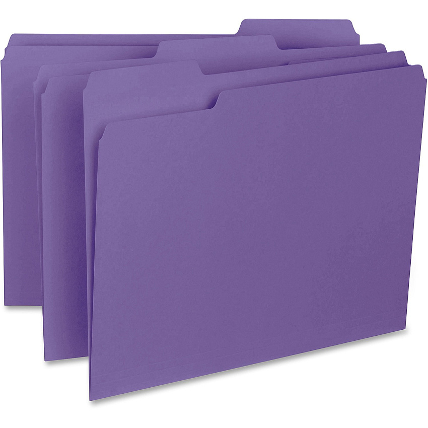 Business Source 1/3 Tab Cut Letter Recycled Top Tab File Folder 8 1/2" x 11" - Top Tab Location - Assorted Tab Position - 11 pt. - Purple - 10% Recycled - 100 / Box (BSN99717)
