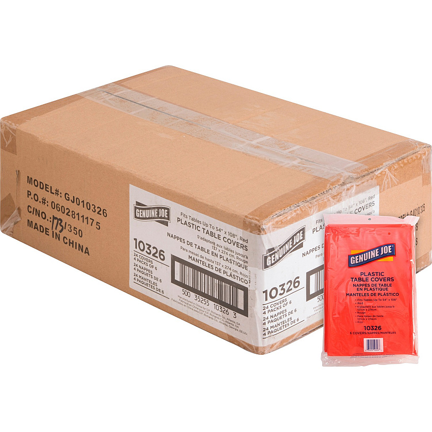 Genuine Joe Plastic Rectangular Table Covers 108" Length x 54" Width - Plastic - Red - 6/Pack - 4 / Carton (GJO10326CT)