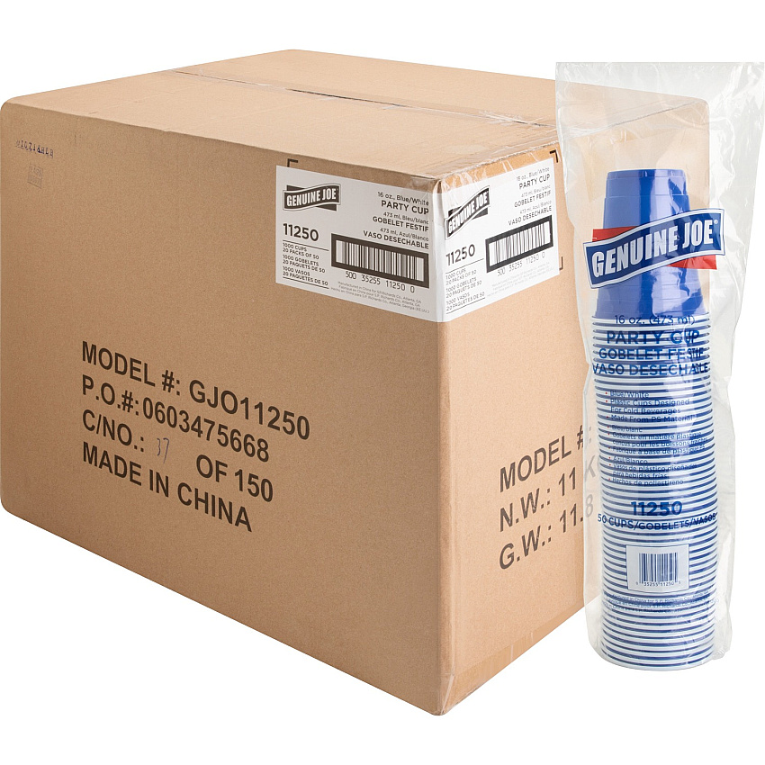Genuine Joe 16 oz Party Cups 16 fl oz - Blue, White - Plastic - Party, Cold Drink, Beverage - 50/Pack - 20 / Carton (GJO11250CT)