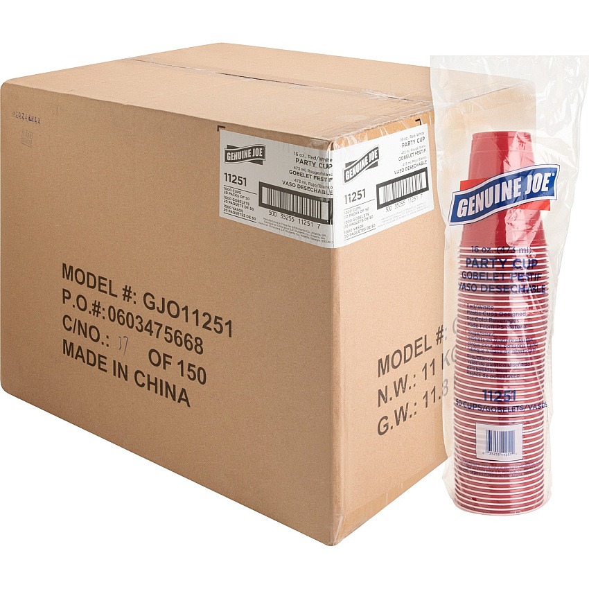 Genuine Joe 16 oz Party Cups 16 fl oz - Red - Plastic - Party, Cold Drink, Beverage - 50/Pack - 20 / Carton (GJO11251CT)