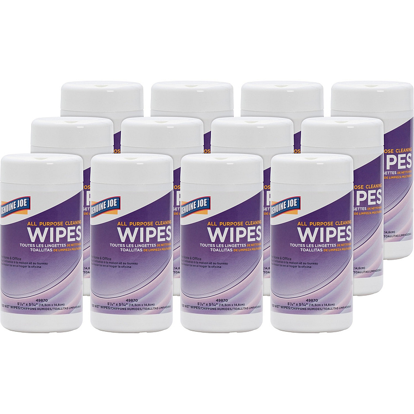 Genuine Joe All Purpose Cleaning Wipes 5.88" Length x 5.13" Width - 100 / Tub - 12 / Carton - Pre-moistened, Non-abrasive, Non-toxic, Soft - Multi (GJO49870CT)