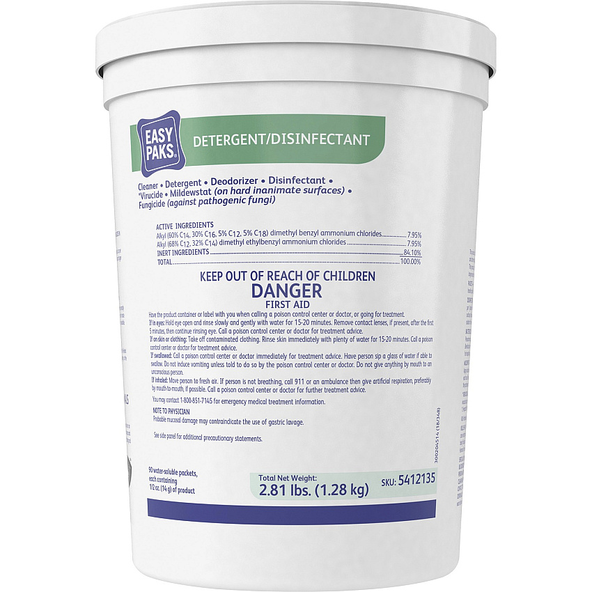 Diversey EasyPaks Detergent/Disinfectant Concentrate - 0.50 oz (0.03 lb) to - Lemon Scent - Disinfectant, Deodorize - Green - 90/Tub - 1 Each (5412135)
