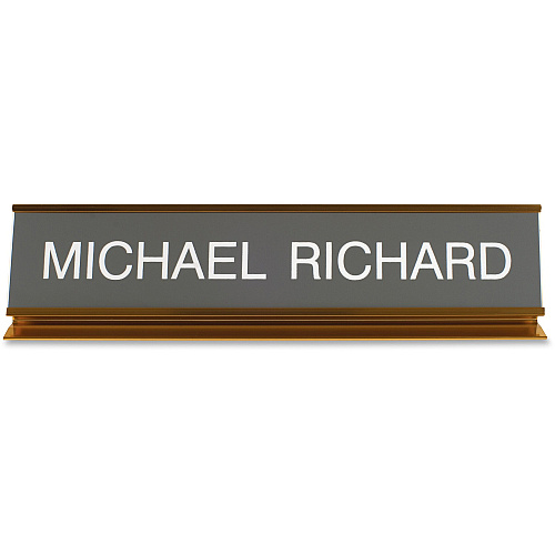 Xstamper Pedestal Aluminum Desk Sign 10" Holding Width x 2" Holding Height - Rectangular Shape - Long Lasting, Durable - Aluminum, Plastic - Gold - 1 Each (K53)
