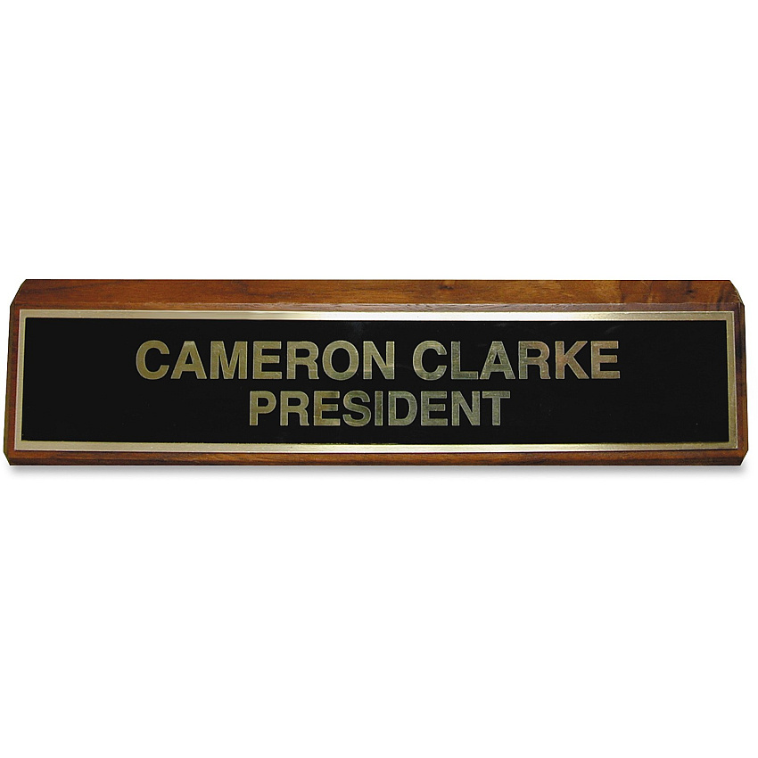 Xstamper Wood Base Brass Plated Desk Sign 10" Width x 2" Height - Rectangular Shape - Brass, Walnut Wood - Black - 1 Each (K89)
