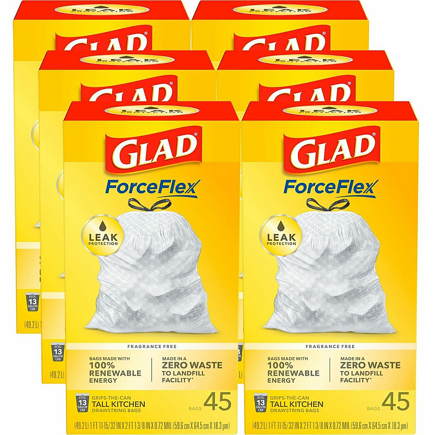 Glad ForceFlex Tall Kitchen Drawstring Trash Bags 13 gal Capacity - 24" Width x 27" Length x 1 mil (25 Micron) Thickness - Drawstring Closure - White - Plastic - Breakroom, School, Waste Disposal, Restaurant, Office, Kitchen - 45 Per Box - 6/Car (78362CT)