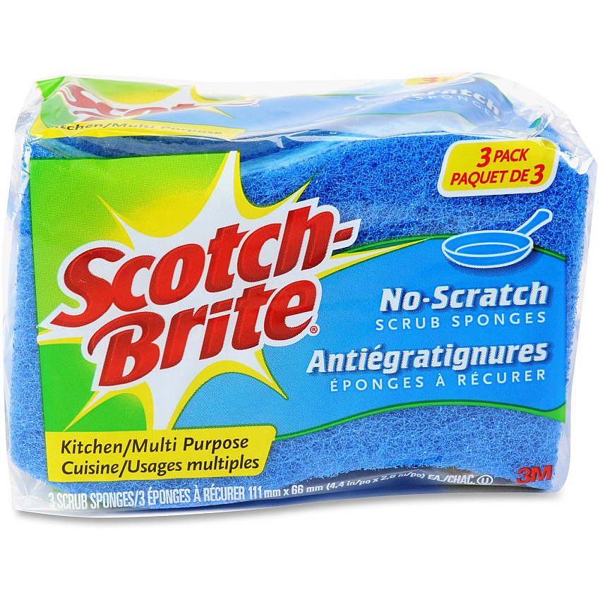 Scotch-Brite No Scratch Scrub Sponges 2.8" Height x 4.5" Width x 4.5" Length x 590 mil Thickness - 3/Pack - 8 / Carton - Blue (MP3CT)