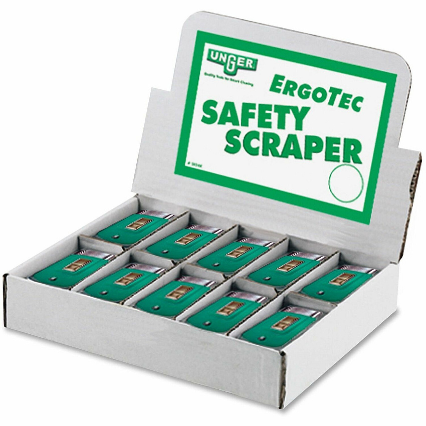 Unger Safety Scrapers 1.50" Blade - Retractable, Safety Lock, Non-slip Grip - Green - 50 / Carton (SR040CT)