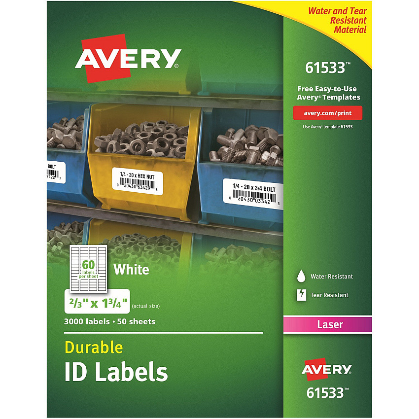 Avery&reg; TrueBlock ID Label 21/32" Width x 1 3/4" Length - Permanent Adhesive - Rectangle - Laser - Matte White - Matte - Film - Water Resistant - Permanent Adhesive, Durable, Heavy Duty, Scuff Resistant, Tear Resistant, Smudge Resistant, Weathe (61533)