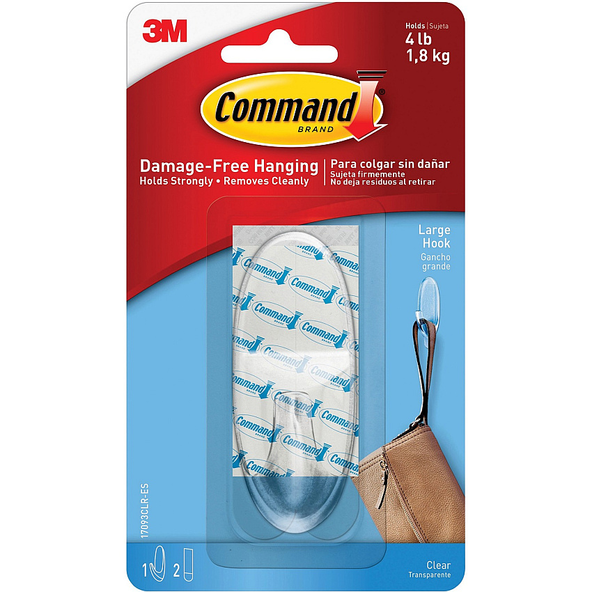 Command Large Hook with Clear Strips 4 lb (1.81 kg) Capacity - 1.4" Width x 3.4" Length - for Decoration - Plastic - Clear - 1 / Pack (17093CLRES)