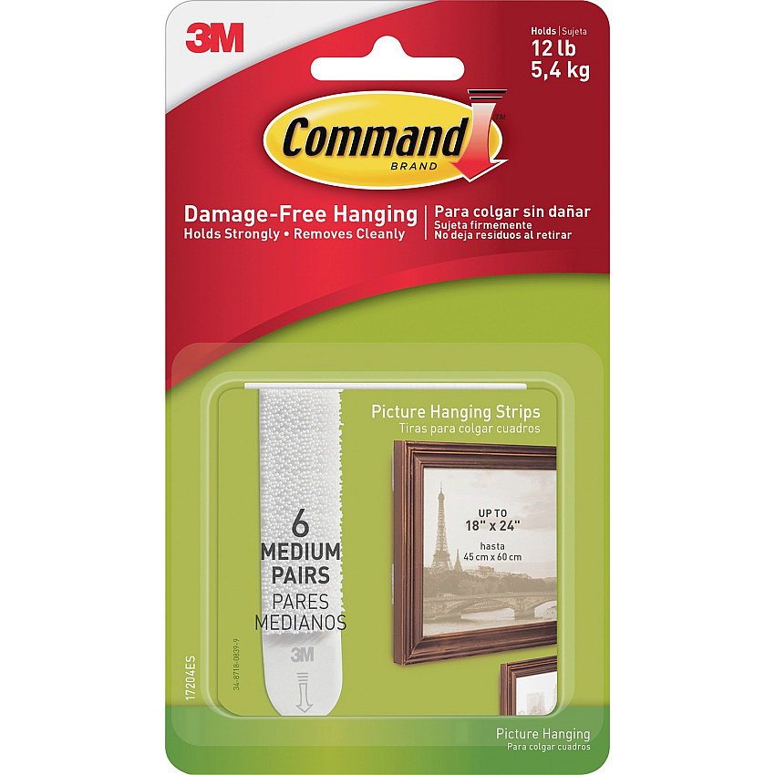 Command Medium Picture Hanging Strips 2.75" Length x 0.75" Width - White - Rubber Resin Backing - 6 / Pack (17204ES)