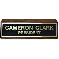 Xstamper Wood Base Brass Plated Desk Sign 8" Width x 2" Height - Rectangular Shape - Brass, Walnut Wood - Black - 1 Each (K86)