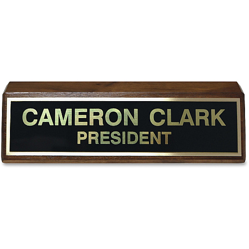 Xstamper Wood Base Brass Plated Desk Sign 8" Width x 2" Height - Rectangular Shape - Brass, Walnut Wood - Black - 1 Each (K86)