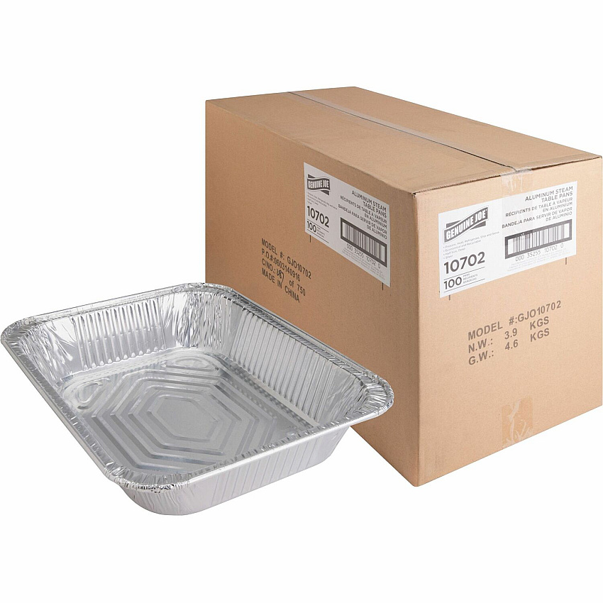 Genuine Joe Half-size Disposable Aluminum Pan Cooking, Serving - Disposable - 0.5" Diameter - Silver - Aluminum Body - 100 / Carton (GJO10702)