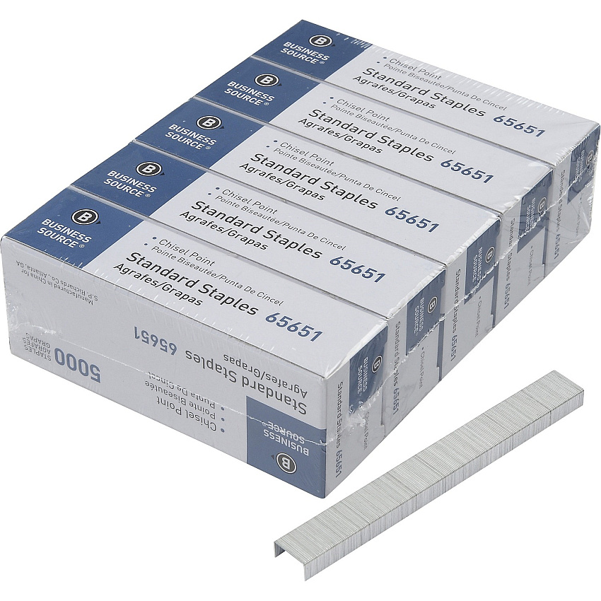 Business Source Chisel Point Standard Staples Standard - 1/4" Leg - 1/2" Crown - Holds 30 Sheet(s) - for Paper - Chisel Point - Silver - Galvanized Iron - 210 Per Strip - 5000/Box - 5 / Pack (BSN65651)