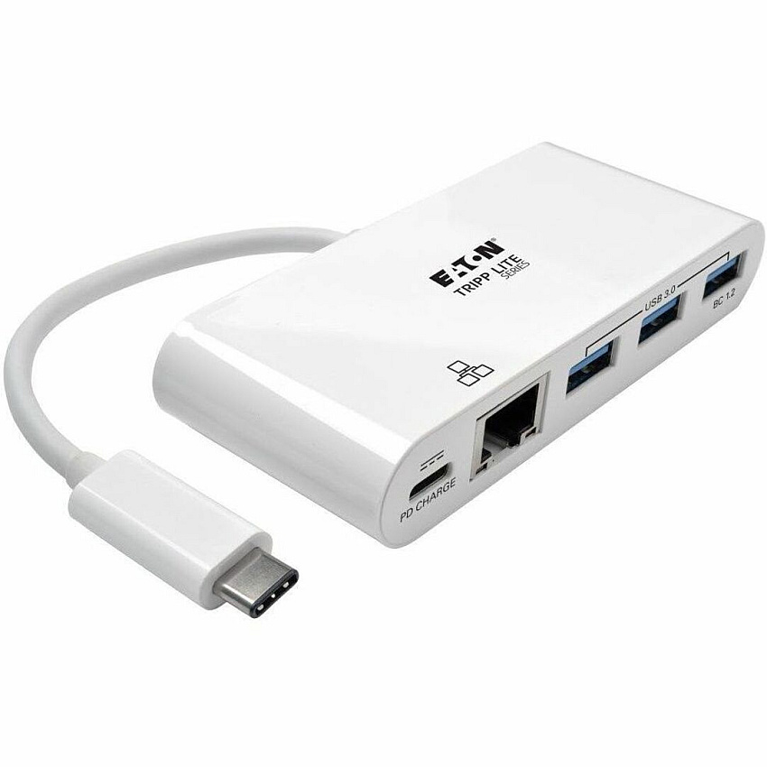 Eaton Tripp Lite Series 3-Port USB-C Hub - USB 3.x (5Gpbs) Hub Ports, Gigabit Ethernet, 60W PD Charging, White USB 3.1 Type C - External - 4 USB Port(s) - 1 Network (RJ-45) Port(s) - 3 USB 3.0 Port(s) - PC, ChromeOS, Mac (U4600033AGC)