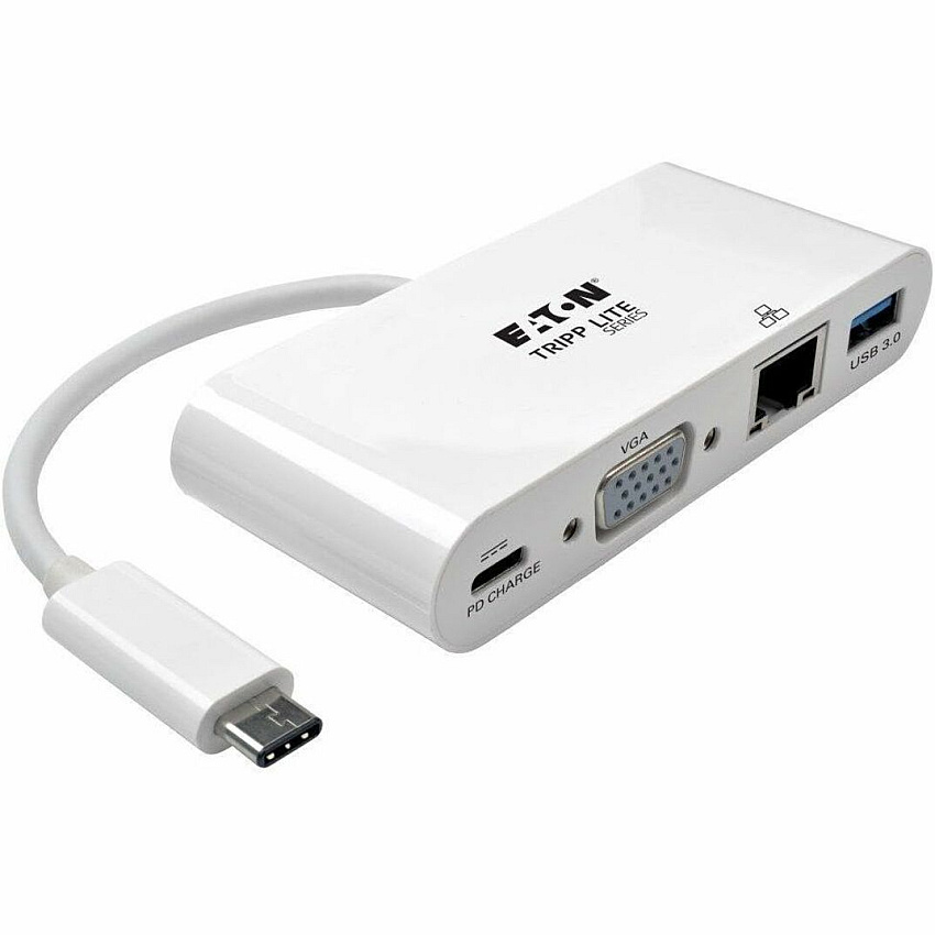 Eaton Tripp Lite Series USB-C Multiport Adapter, VGA, USB 3.x (5Gbps) Hub Port, Gigabit Ethernet and 60W PD Charging, White for Notebook, Tablet PC - 2 x USB Ports - 2 x USB 3.0 - Network (RJ-45) - VGA - Wired (U44406NVGUC)