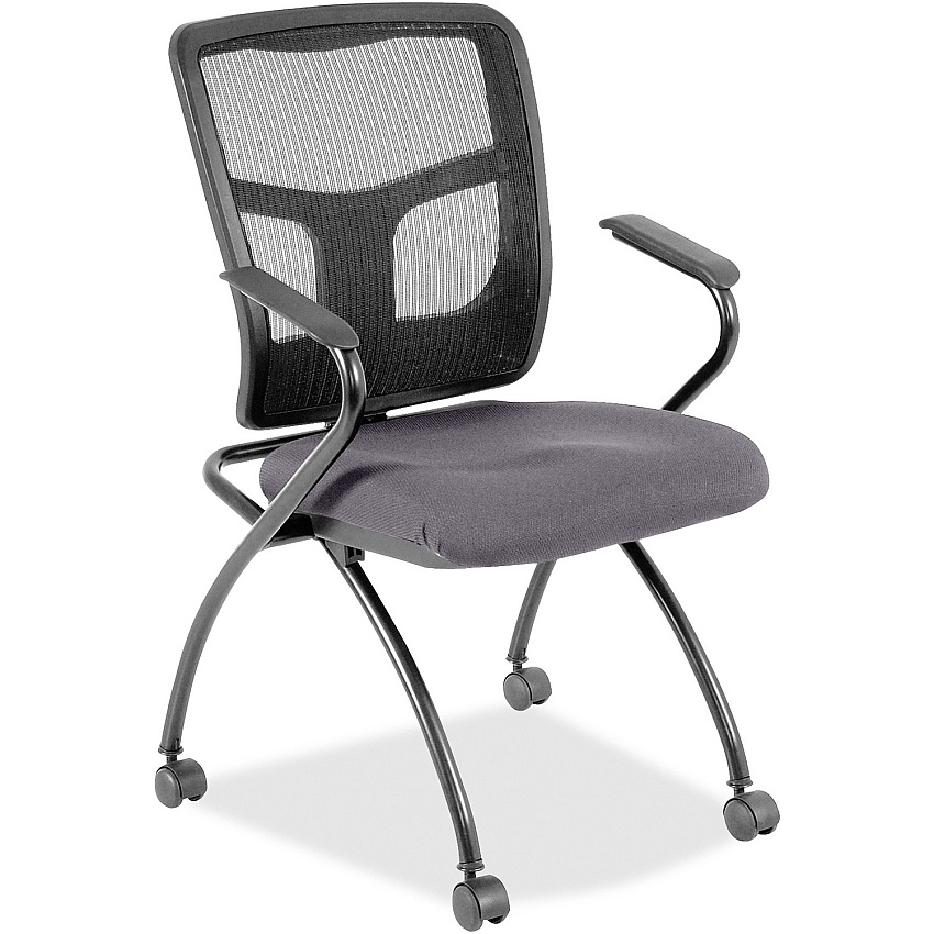 Lorell Mesh Back Nesting Training/Guest Chairs Canyon Carbon Seat Color - Vinyl Seat Material - Black Back Color - Mesh Back Material - Gray Frame Color - Powder Coated Metal Frame Material - Four-legged Base - Armrest - 2 / Carton (LLR84374101)