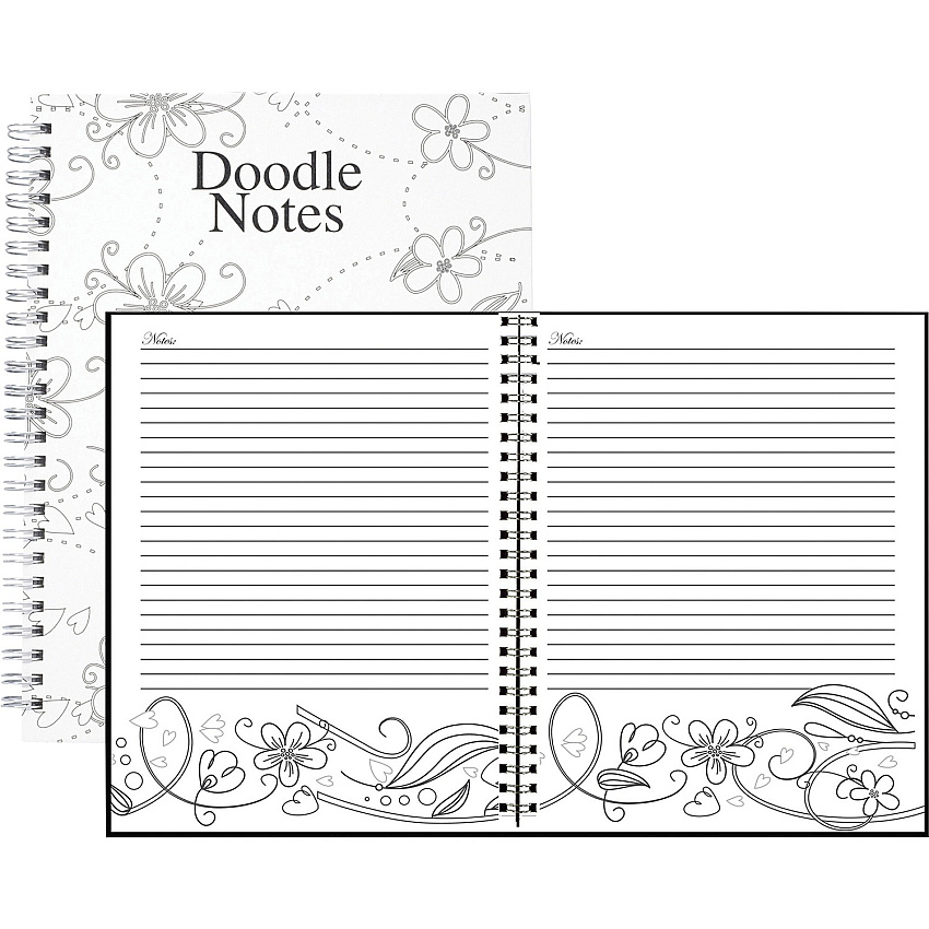 House of Doolittle Doodle Notes Spiral Notebook 111 Pages - Spiral Bound - 7" x 9" - Black & White Flower Cover - Hard Cover - Recycled - 1 Each (78190)