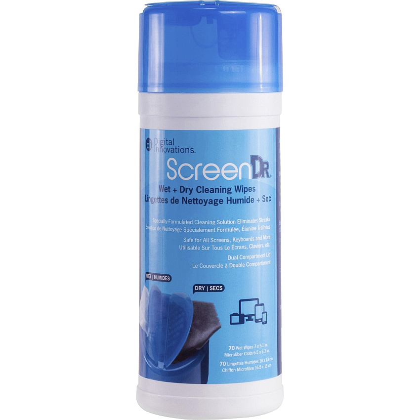 Digital Innovations ScreenDr Wet/Dry Streak-Free Wipes, 70-pack For Electronic Equipment, Display Screen - Alcohol-free, Ammonia-free, Streak-free, Non-abrasive, Anti-static, Soft - White, Blue - 70/Tub - 1 Each (40308)