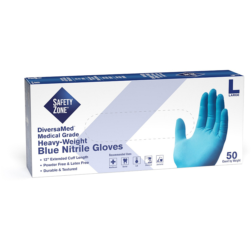 Safety Zone 12" Powder Free Blue Nitrile Gloves Large Size - Blue - Comfortable, Allergen-free, Silicone-free, Latex-free, Textured - For Cleaning, Dishwashing, Medical, Food, Janitorial Use, Painting, Pet Care - 12" Glove Length (GNEPLG5T8)
