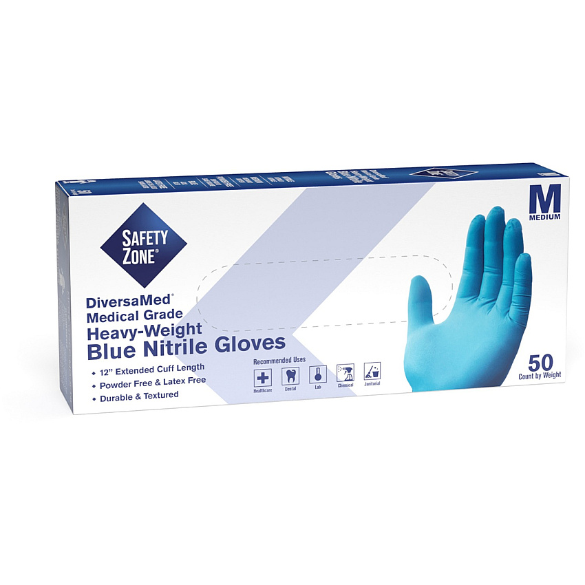 Safety Zone 12" Powder Free Blue Nitrile Gloves Medium Size - Blue - Comfortable, Allergen-free, Silicone-free, Latex-free, Textured - For Cleaning, Dishwashing, Medical, Food, Janitorial Use, Painting, Pet Care - 12" Glove Length (GNEPMD5T8)