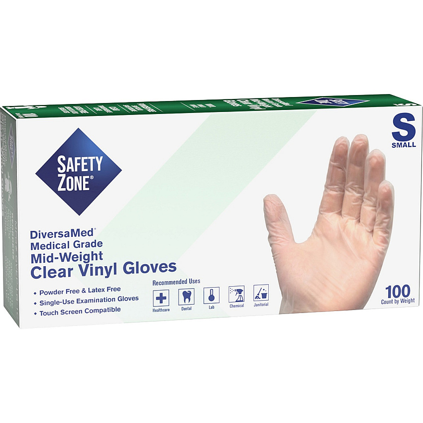 Safety Zone Powder Free Clear Vinyl Gloves 9.25" Glove Length - Small Size - Unisex - Clear - Latex-free, Comfortable, Allergen-free, Silicone-free, DINP-free, DEHP-free - For General Purpose, Cleaning, Food, Janitorial Use, Cosmetics, Painting (GVEPSM1C)