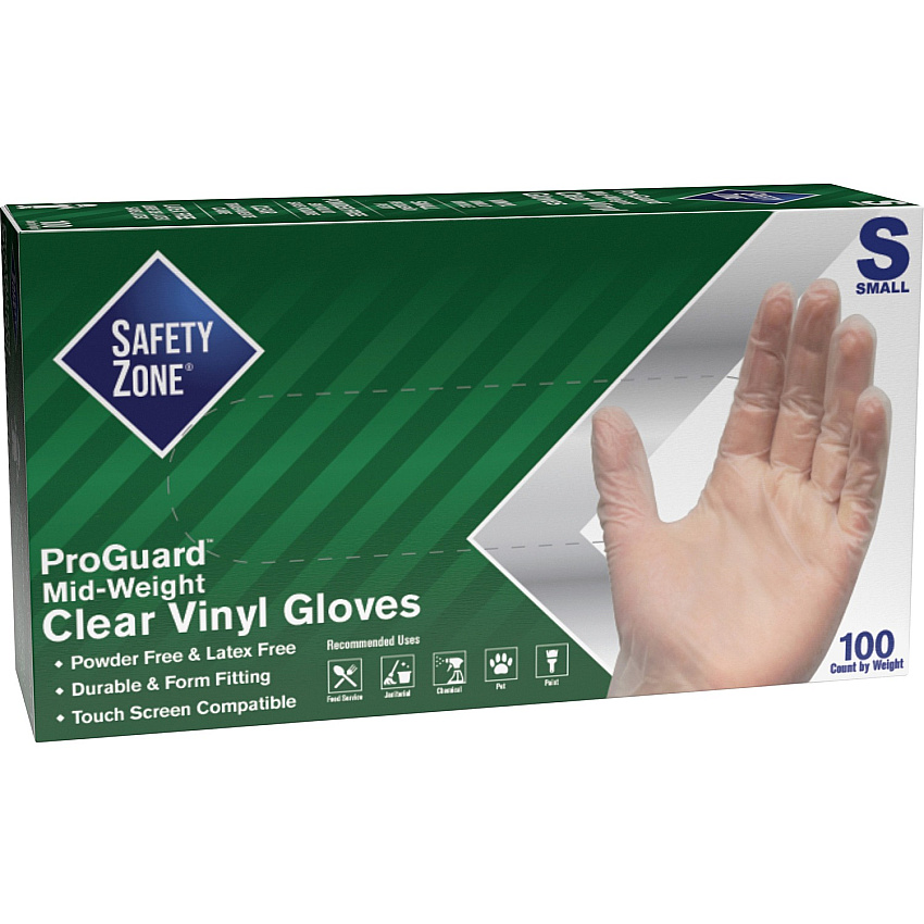Safety Zone 3 mil General-purpose Vinyl Gloves Small Size - Clear - Latex-free, Comfortable, Silicone-free, Allergen-free, DINP-free, DEHP-free - For Food, Janitorial Use, Cosmetics, Painting, Cleaning, General Purpose, Pet Care - 100 / Box (GVP9SM1)