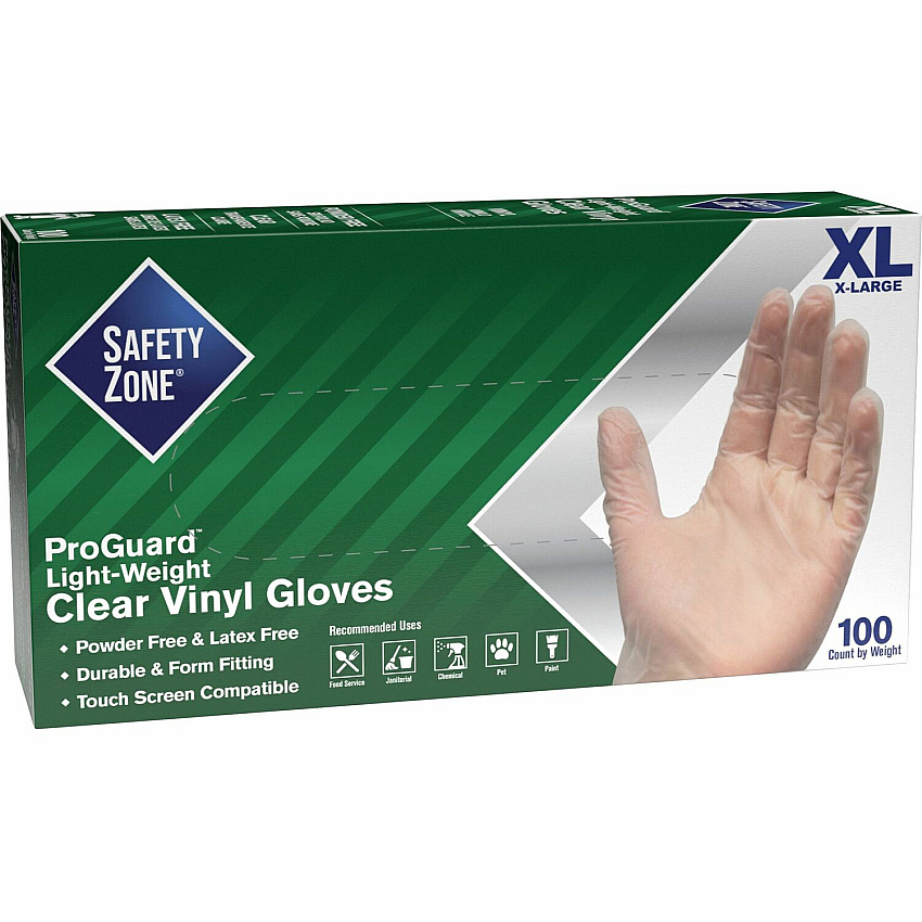 Safety Zone Powder Free Clear Vinyl Gloves 9.25" Glove Length - X-Large Size - Clear - Latex-free, DEHP-free, DINP-free, PFAS-free, Comfortable, Silicone-free - For Janitorial Use, Cosmetics, Painting, Cleaning, General Purpose, Pet Care - 100  (GVP9XLHH)