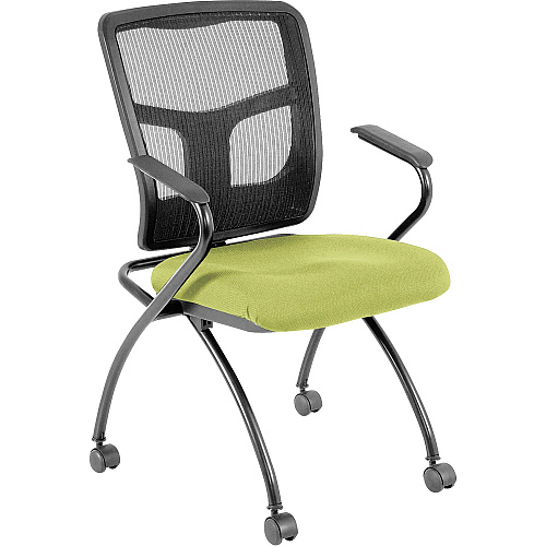 Lorell Mesh Back Nesting Training/Guest Chairs Dillon Apple Green Seat Color - Vinyl Seat Material - Black Back Color - Mesh Back Material - Gray Frame Color - Powder Coated Metal Frame Material - Four-legged Base - Armrest - 2 / Carton (LLR84374009)