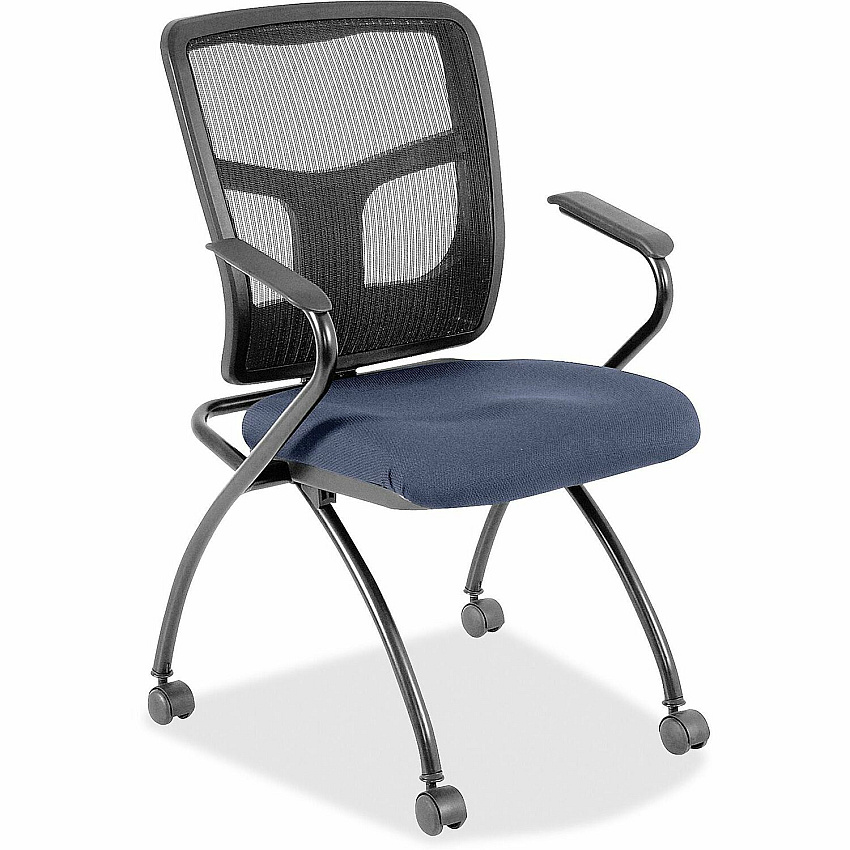 Lorell Ergomesh Nesting Chairs with Arms Dillon Ocean Seat Color - Vinyl Seat Material - Black Back Color - Mesh Back Material - Gray Frame Color - Powder Coated Metal Frame Material - Four-legged Base - Armrest - 2 / Carton (LLR84374010)