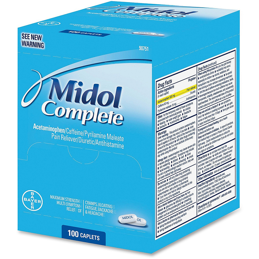 Midol Complete Pain Reliever Caplets For Menstrual Cramp, Backache, Muscular Pain, Headache, Bloating - 100 / Box (90751)